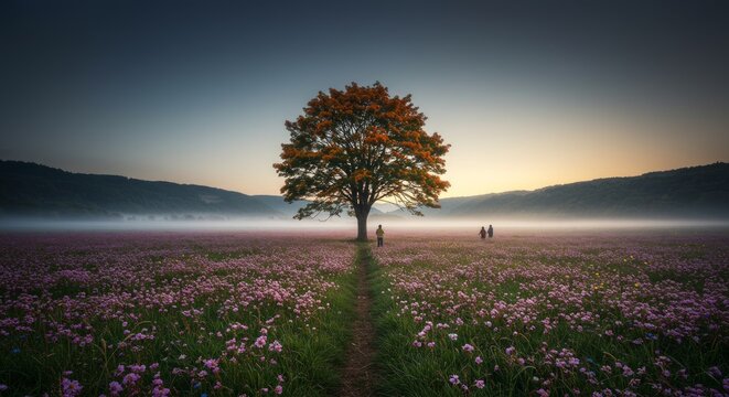 Lone Tree in Pink Flower Field at Dawn with Foggy Mountain Backdrop