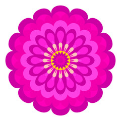 Stylized symmetrical pink flower with layered magenta petals and a vibrant yellow center.