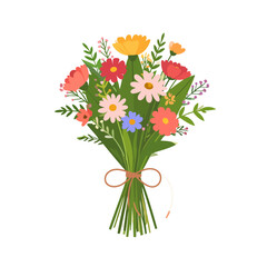 Obraz premium Colorful bouquet of stylized wildflowers tied with a simple brown bow.