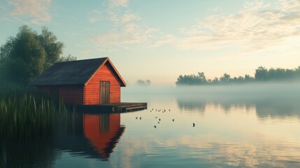 Fototapeta premium Traditional red wooden house on a lake on an early summer morning