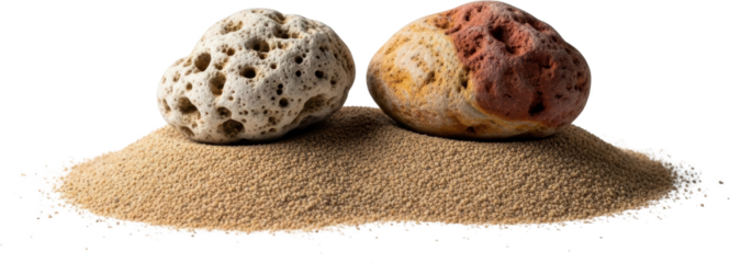 Two textured rocks resting on a pile of fine sand Stones Natural Macro transparent background