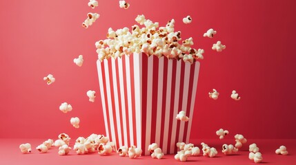 97.Popcorn spilled out of red and white strip box background concept: