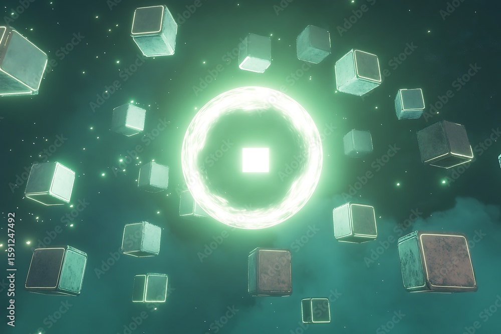 Poster floating processor cubes orbit a glowing neon sphere radiating cyan and magenta pulses in a dark dig