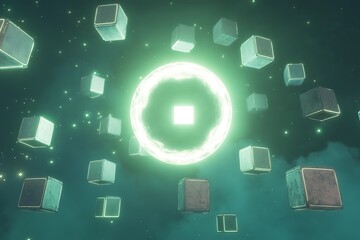 Floating processor cubes orbit a glowing neon sphere radiating cyan and magenta pulses in a dark digital void