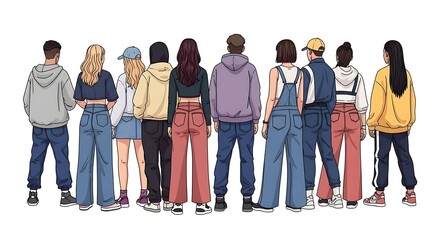 Obraz premium Diverse group of young adults standing with their backs to the viewer, showcasing casual fashion and individuality