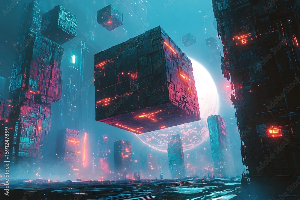 Poster floating processor cubes orbit a glowing neon sphere radiating cyan and magenta pulses in a dark dig