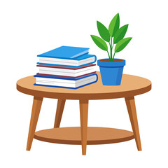 Wooden oval coffee table with a stack of books and a green houseplant in a blue pot. Flat vector illustration.
