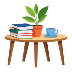A cozy wooden coffee table with a stack of books, a green potted plant, and a blue cup of coffee.