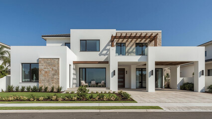 Modern Mediterranean Villa – White Stucco Walls with Elegant Stone Accents