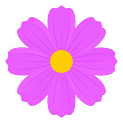 A vibrant purple cosmos flower illustration with eight textured petals and a yellow center.