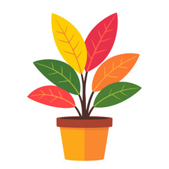 Stylized potted plant illustration with vibrant, multicolored autumn leaves in a flat design.