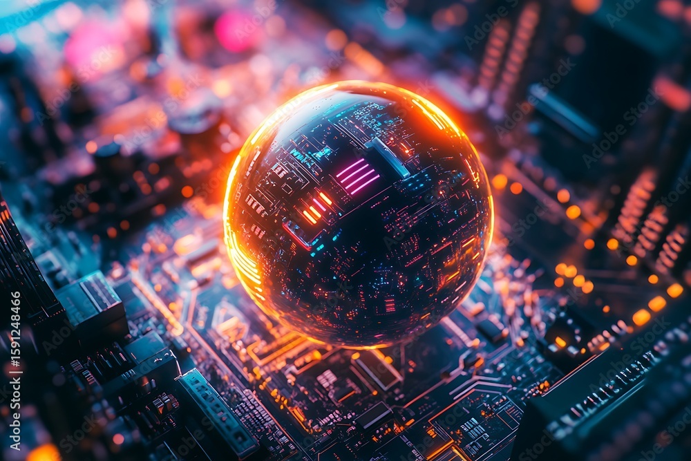 Poster floating processor cubes orbit a glowing neon sphere radiating cyan and magenta pulses in a dark dig