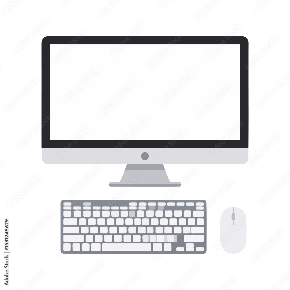 Poster sleek grey desktop computer with a blank white screen, keyboard, and mouse in a flat design style.