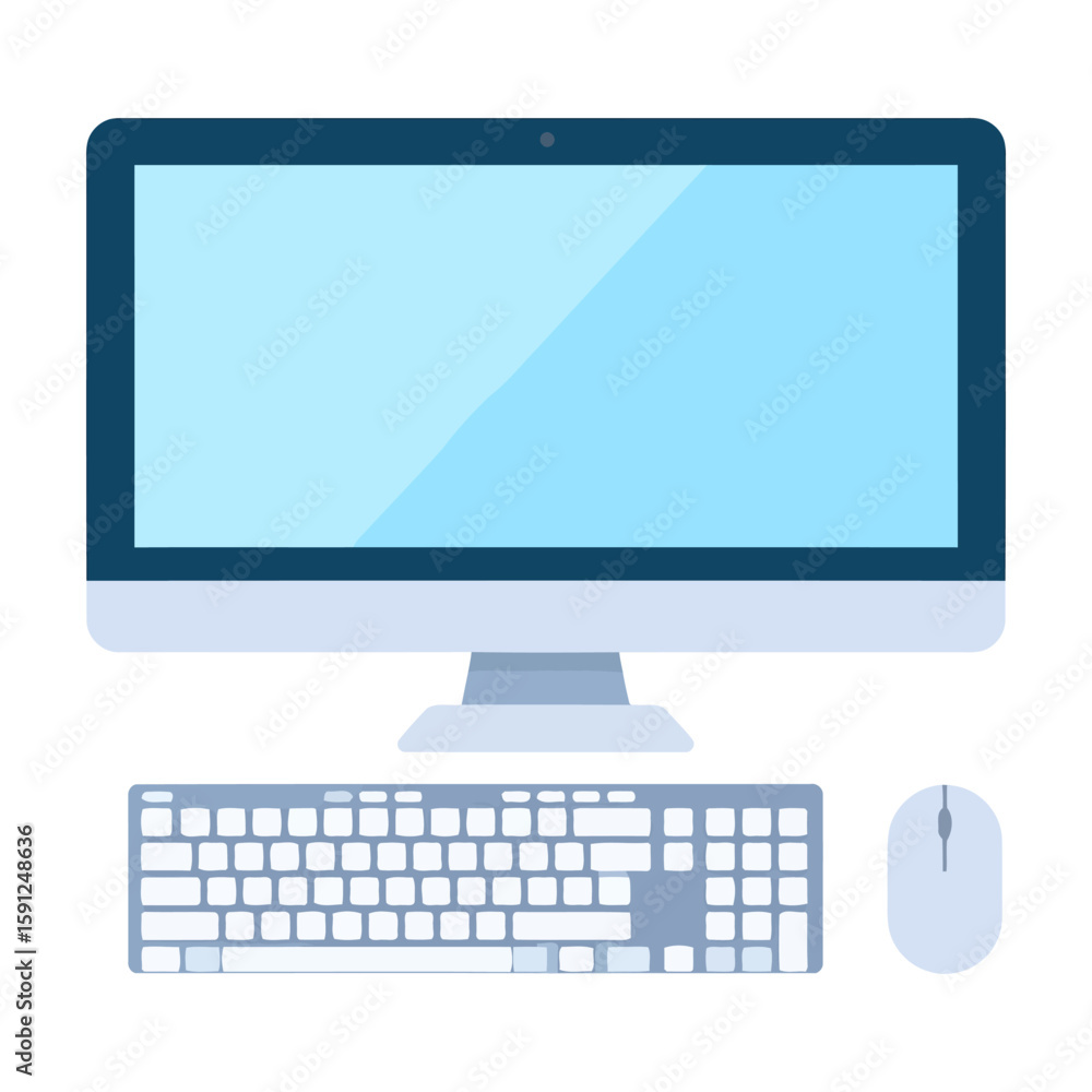 Fototapete modern desktop computer setup with a widescreen monitor, keyboard, and mouse in a flat style.