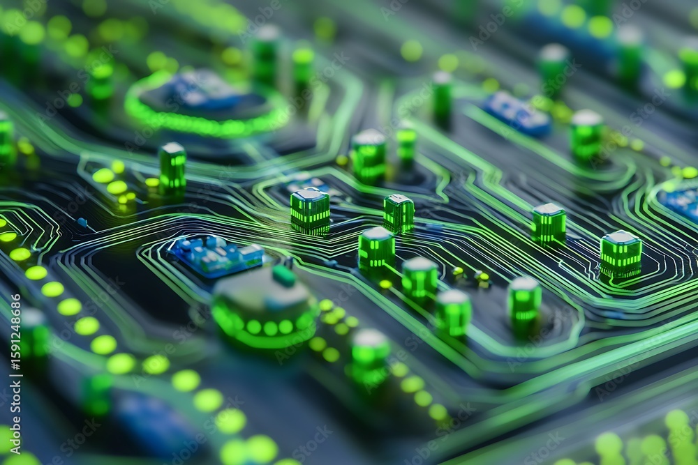 Poster fragmented circuit terrain with floating cobalt modules and vibrant green signal lines converging