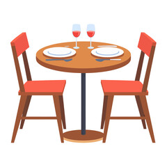 Elegant restaurant dining table for two with red chairs and glasses of red wine.