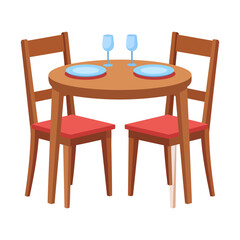 Simple wooden dining set with a round table, two chairs with red cushions, and blue tableware.