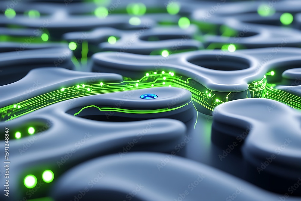 Poster fragmented circuit terrain with floating cobalt modules and vibrant green signal lines converging