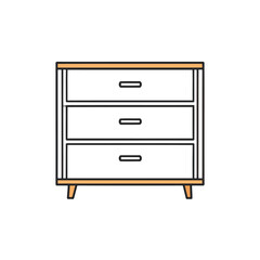 Minimalist chest of drawers with three white drawers, a black frame, and light brown wooden top and legs.