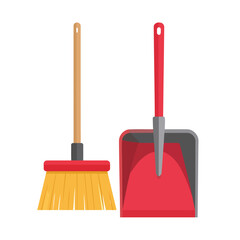 A simple flat illustration of a cleaning set with a broom and a red dustpan.