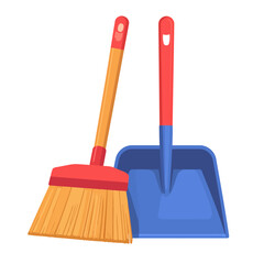 Vibrant cartoon cleaning set with a red and blue plastic dustpan and a yellow-bristled broom.