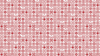 Red adinkra symbols in a seamless pattern creating a decorative background on a white surface