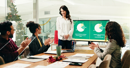 Applause, meeting and presentation with business people in boardroom for Christmas sales...