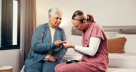 Nurse, blood test and finger with old woman in bedroom for diabetes, advice and support....