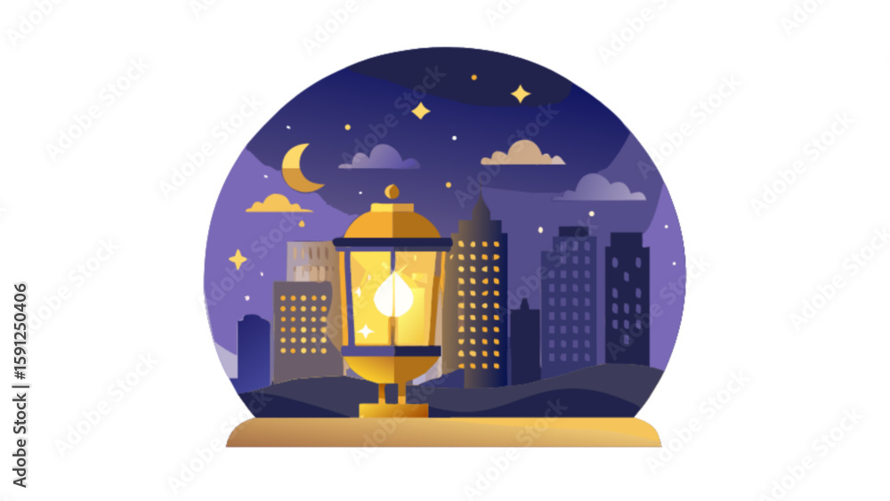 Poster city night scene with lantern and moon vector illustration for graphic design and web development pr