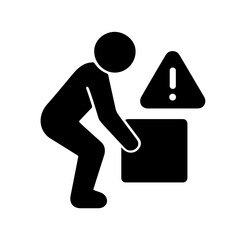 Solid black person lifting box with warning icon representing back injury risk