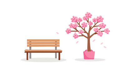 Park bench and cherry blossom tree illustration for spring season landscape design concept vector art