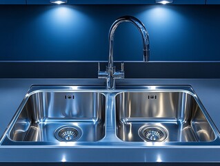 Modern Double Stainless Steel Kitchen Sink with Polished Chrome Faucet under Cabinet Lighting, a Sleek and Functional Culinary Space Design