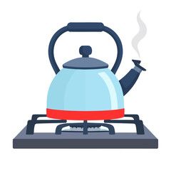Light blue stovetop kettle with a red stripe boiling on a gas burner, emitting steam.
