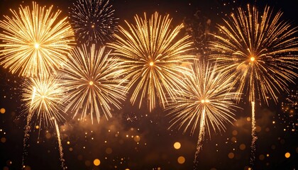 Golden fireworks exploding in the night sky