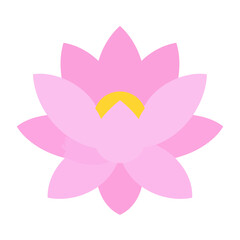 A stylized pink lotus flower with layered petals and a yellow center, depicted in a minimalist, flat design.