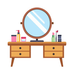 Wooden dressing table with a round mirror and cosmetic products. Flat vector illustration of bedroom furniture.
