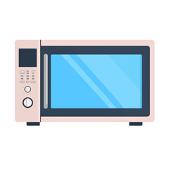 Modern pink microwave oven with a digital control panel and blue glass door, flat design.
