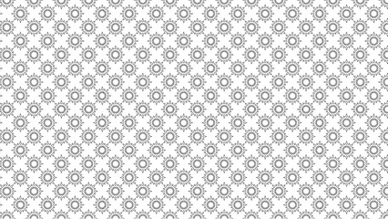 A repeating pattern of sun like shapes with circles and rays on a white background in black and white