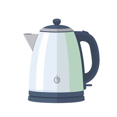 Obraz premium Modern electric kettle with a striped light grey and pale green body, featuring a dark blue handle and lid.