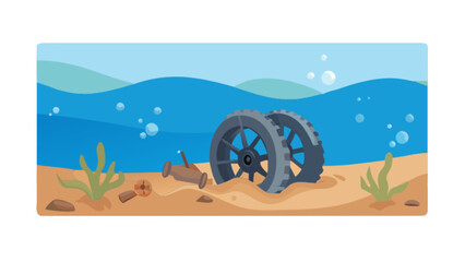 Underwater scene with sunken cannon wheels and marine life for ocean exploration and history themed designs
