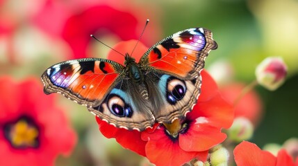 A vibrant butterfly resting on colorful flowers. The vivid colors contrast beautifully with nature. Witness the beauty of transformation in this enchanting scene. Generative AI