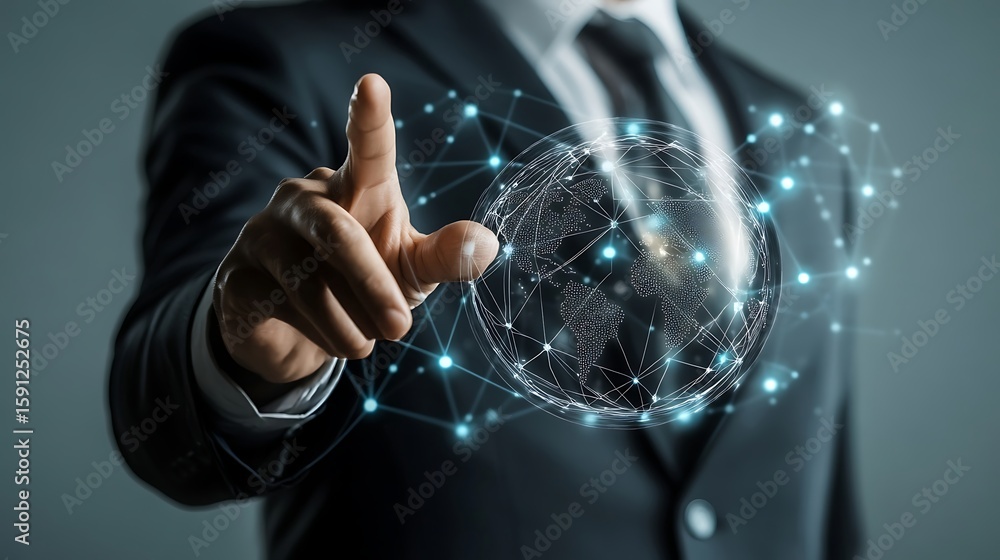 Poster man interacting with digital globe network connection for global business