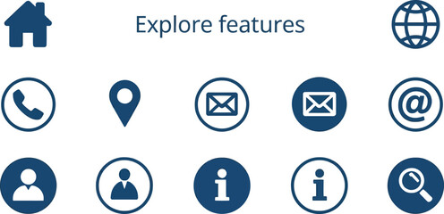 Blue Outline Icon Set Home, Globe, Phone, Map Pin, Mail, Profile, Info, Search