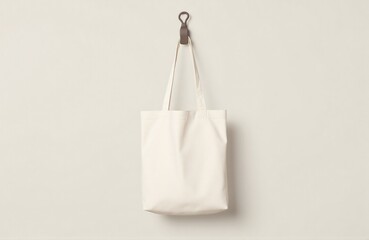Cream canvas totebag hanging on neutral wall, centered studio angle, product photography for eco fashion branding
