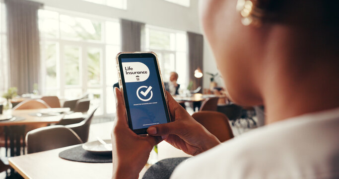 Phone screen, life insurance and hands of woman for digital application, app and sign up. Claims status, membership benefits and cover research with female person for login and check mark in cafe
