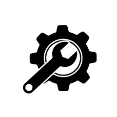 silhouette of a wrench over a gear vector icon , A black silhouette of a wrench over a gear on a white background icon