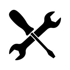 wrench and screwdriver vector icon , A black and white graphic of a wrench and screwdriver crossed over each