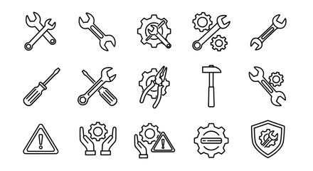 set of tools repair and maintenance service , Outline icons of tools and gears for repair and maintenance service