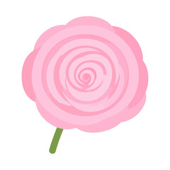 Stylized pink rose illustration with a swirling spiral center and soft scalloped petals.