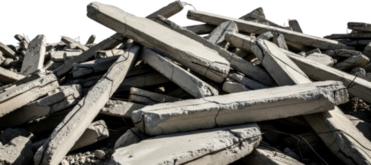 Pile of broken concrete debris with exposed rebar construction waste rubble transparent background